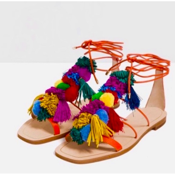 Zara Shoes - Zara Leather Tie Up Pom Pom Sandals Size 7